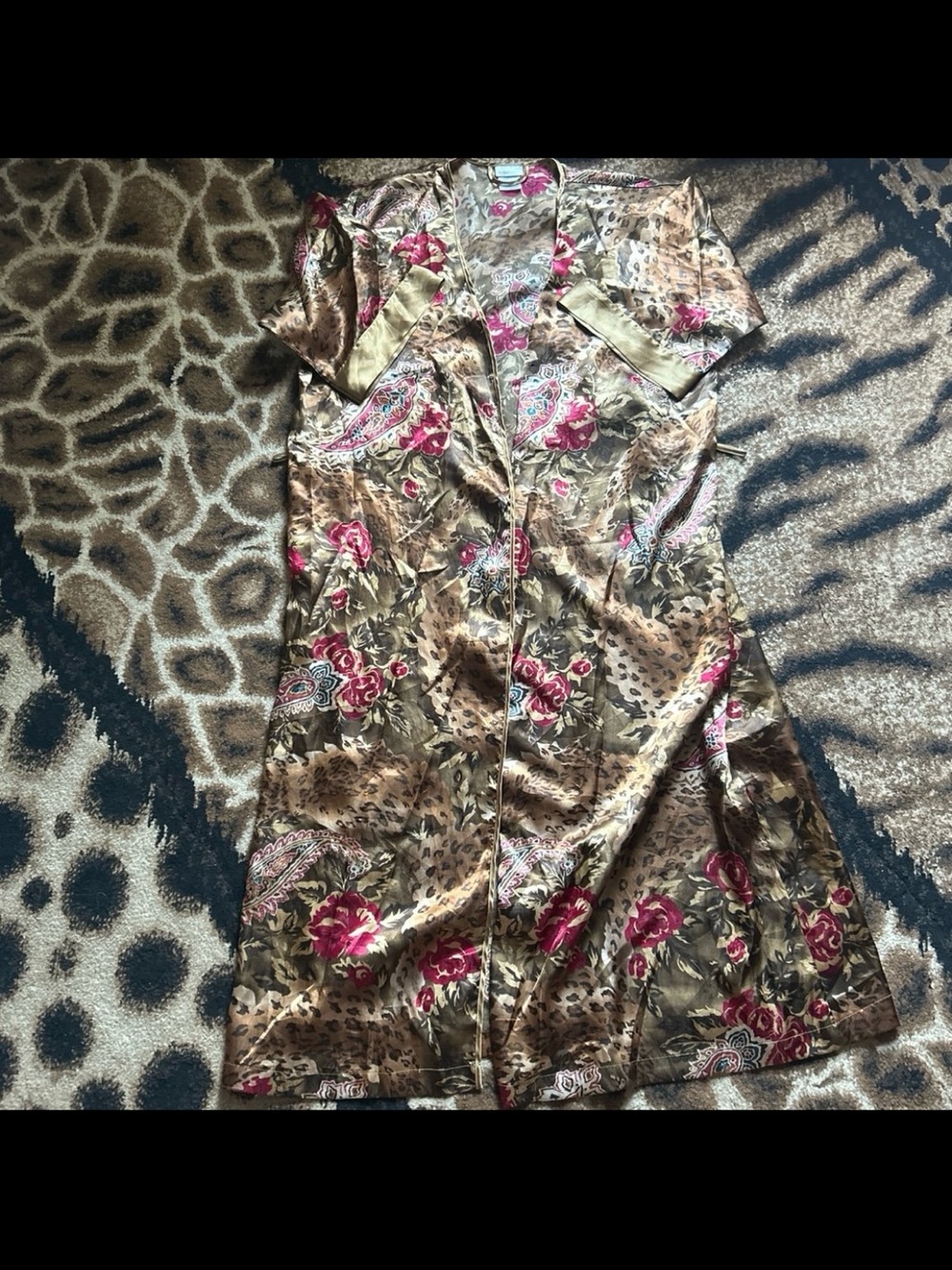 Floral & Animal Print Satin Kimono Robe in Bronze and Fuchsia